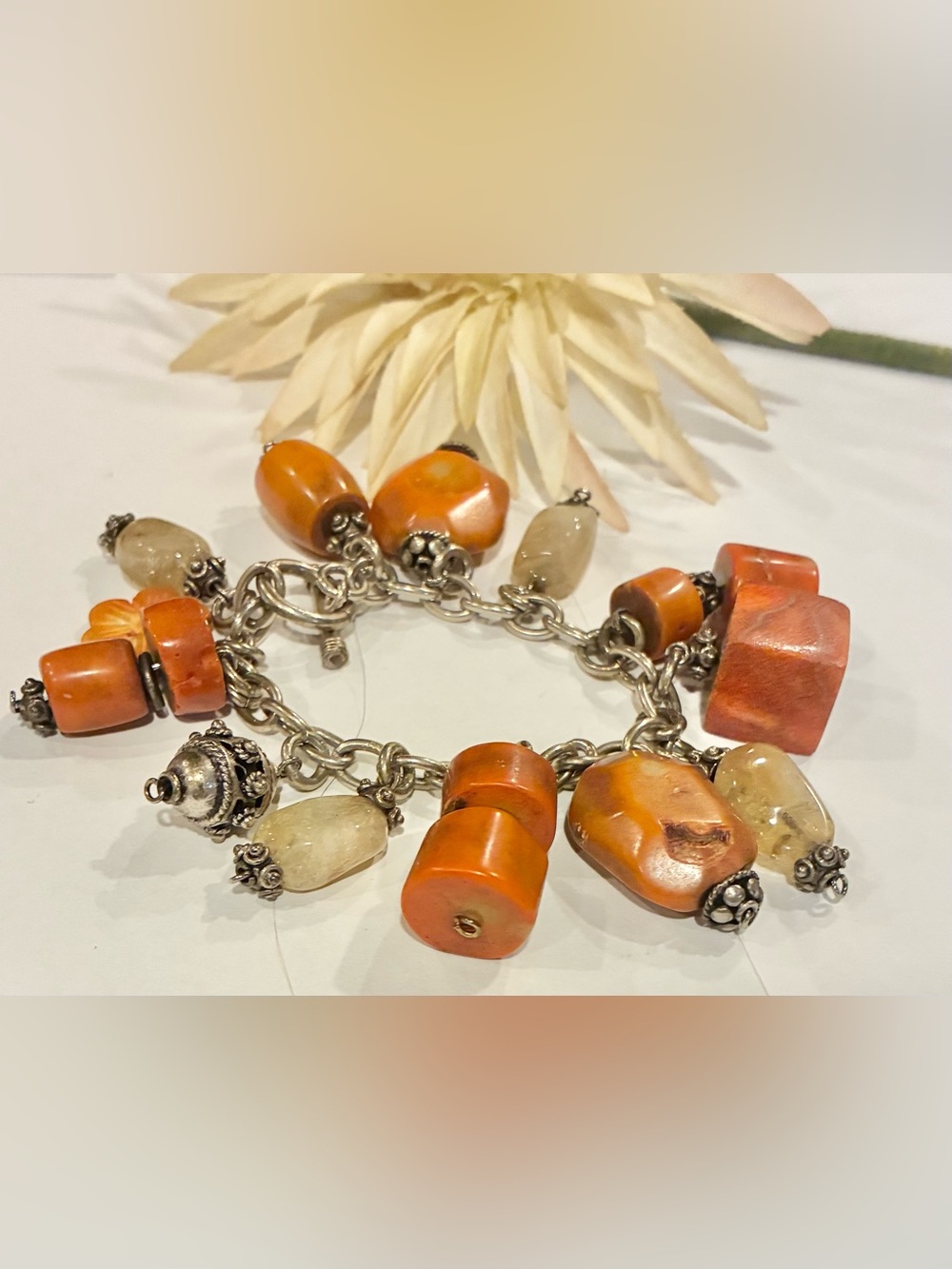 Estate Sterling Silver Coral Chunky Charm Bracelet 7 in Flowers Toggle Closure